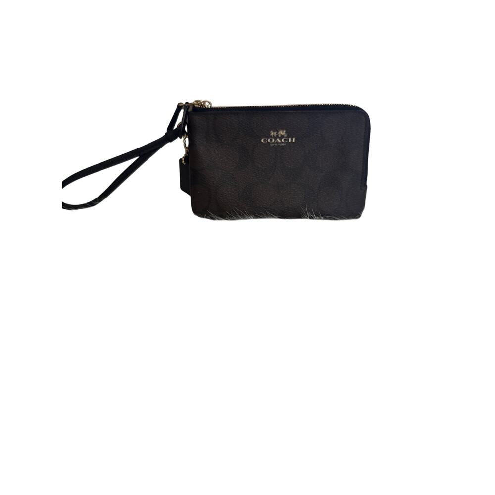 Coach NWOT Double Corner Zip Wristlet Brown/Black Signature Coated Canvas